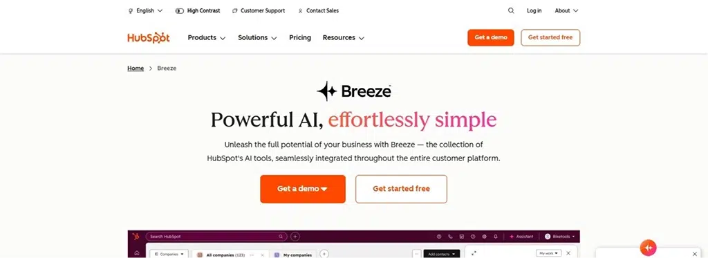 Image showing the homepage of Hubspot AI