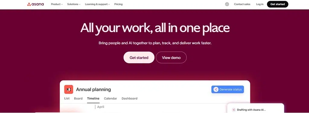 Image showing the homepage of Asana
